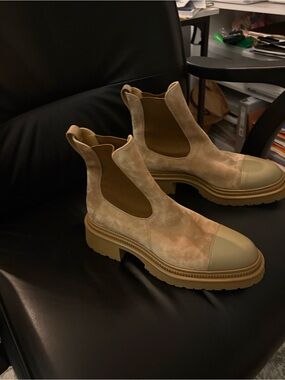 CHANEL Beige Suede Chelsea Lug Boots